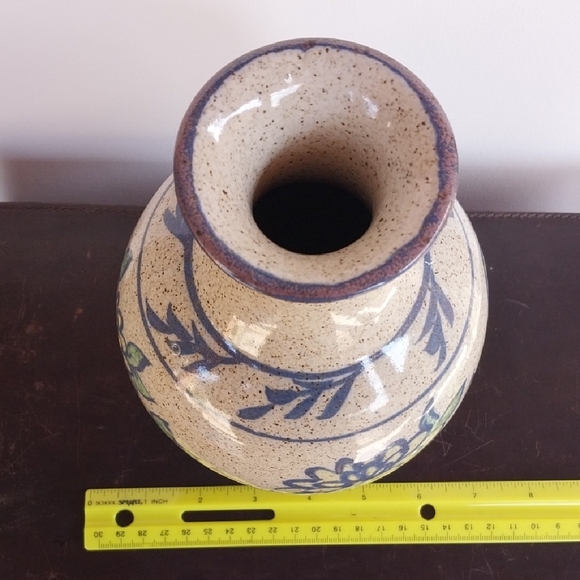 VTG Lopez Pottery Speckled with Blue Yellow Floral Glaze Vase Signed - Picture 8 of 8